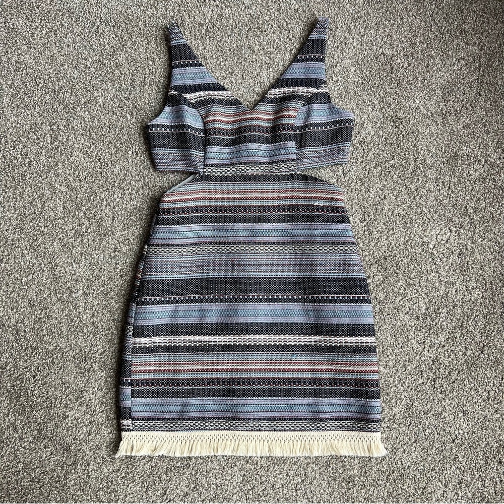 Venus Multi Color Tweed Cut Out Mini Dress With Fringe Hem, Size 6‎